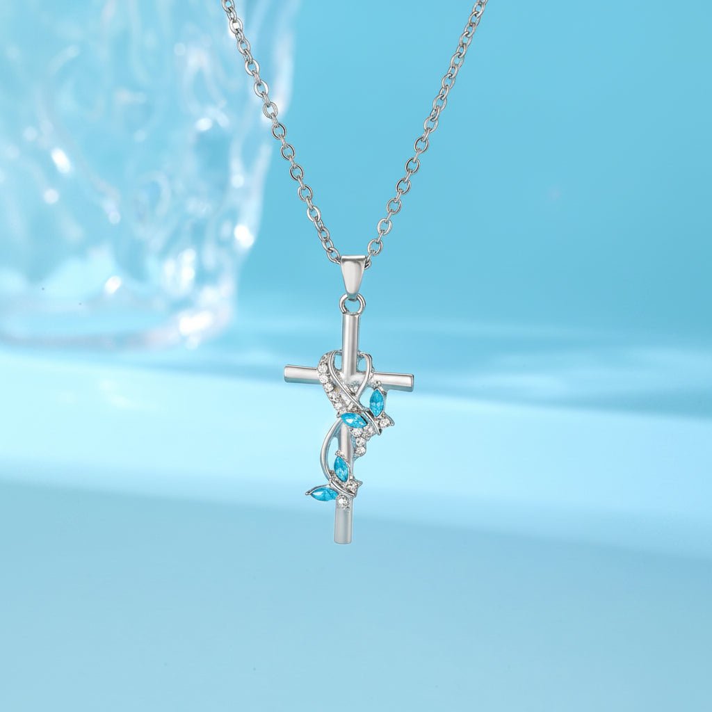 Mother's Day Silver Cross Pendant Necklace — Delicate Bow Charm, Blue Gemstones