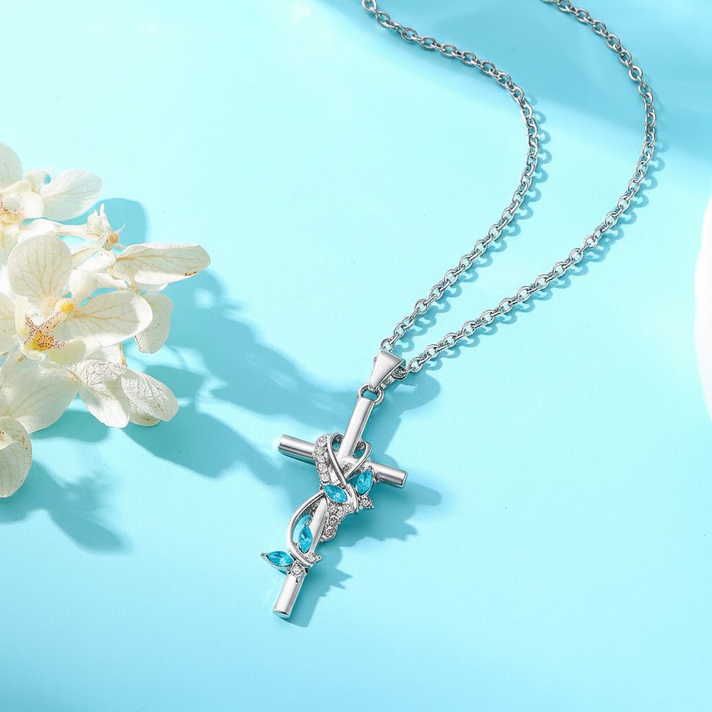 Mother's Day Silver Cross Pendant Necklace — Delicate Bow Charm, Blue Gemstones