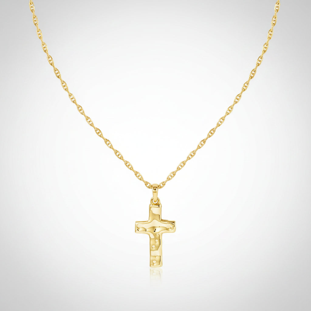Gold Cross Pendant Necklace — Polished Sculpted Chain Profile