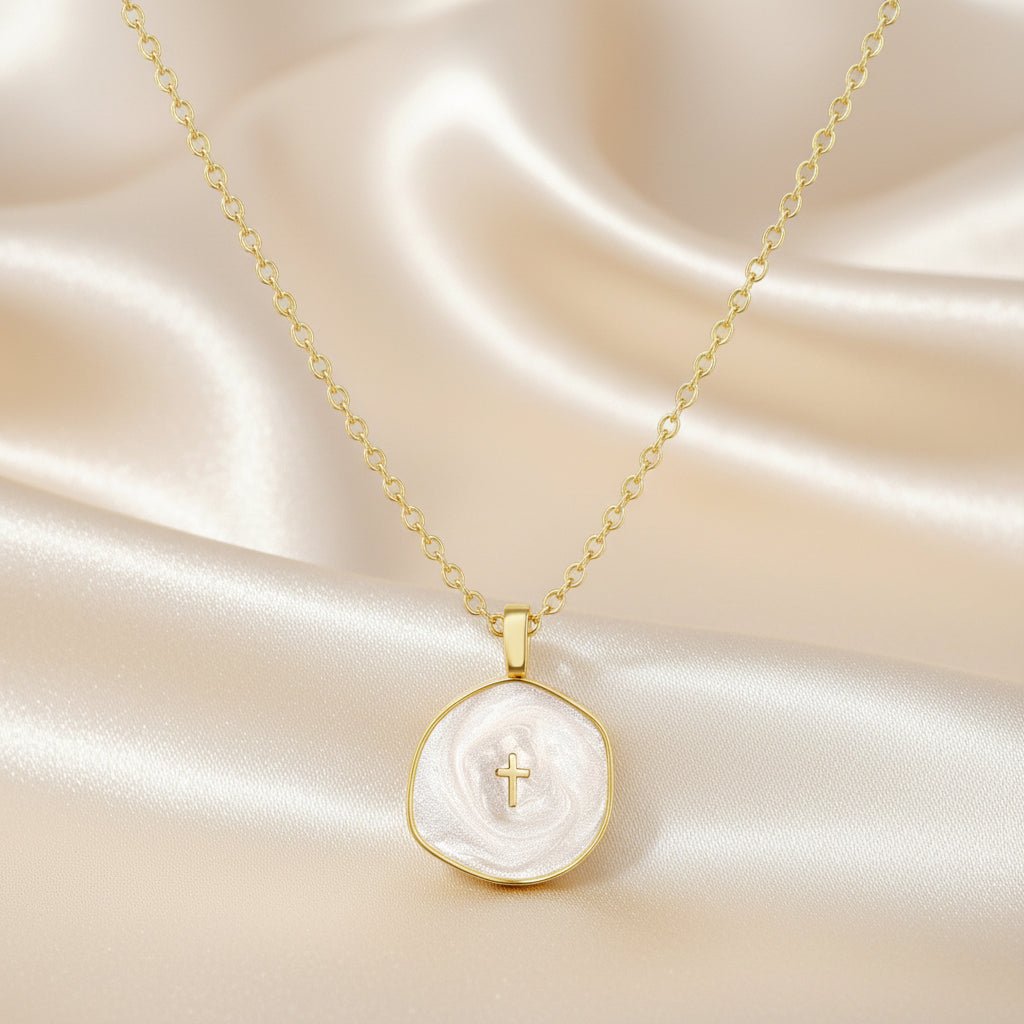 Cross Pendant Necklace — Adjustable Slender Chain, Minimalist Gold Disc