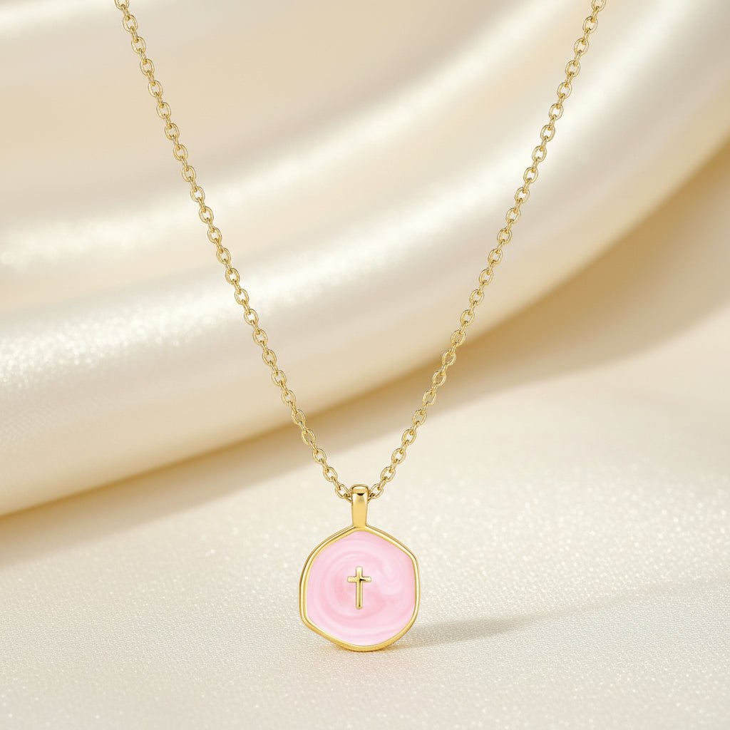Cross Pendant Necklace — Adjustable Slender Chain, Minimalist Gold Disc