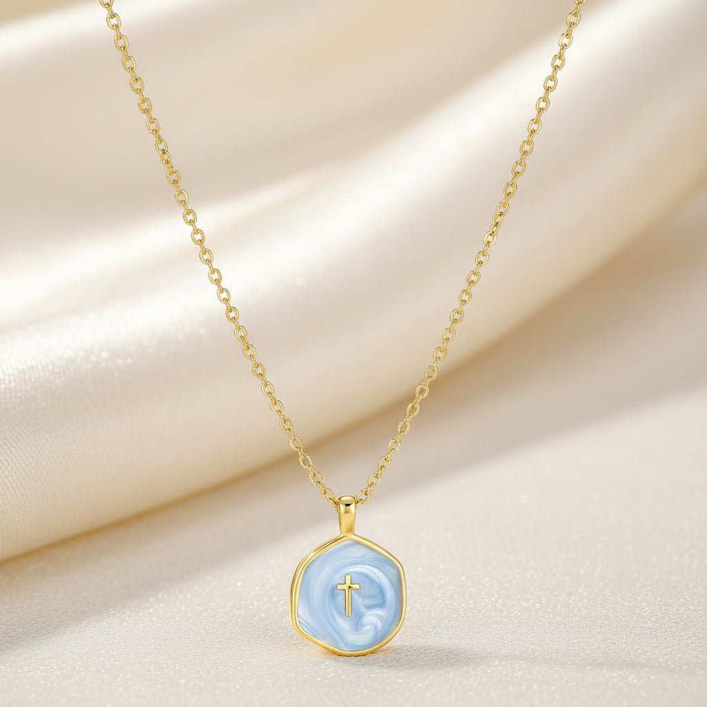 Cross Pendant Necklace — Adjustable Slender Chain, Minimalist Gold Disc