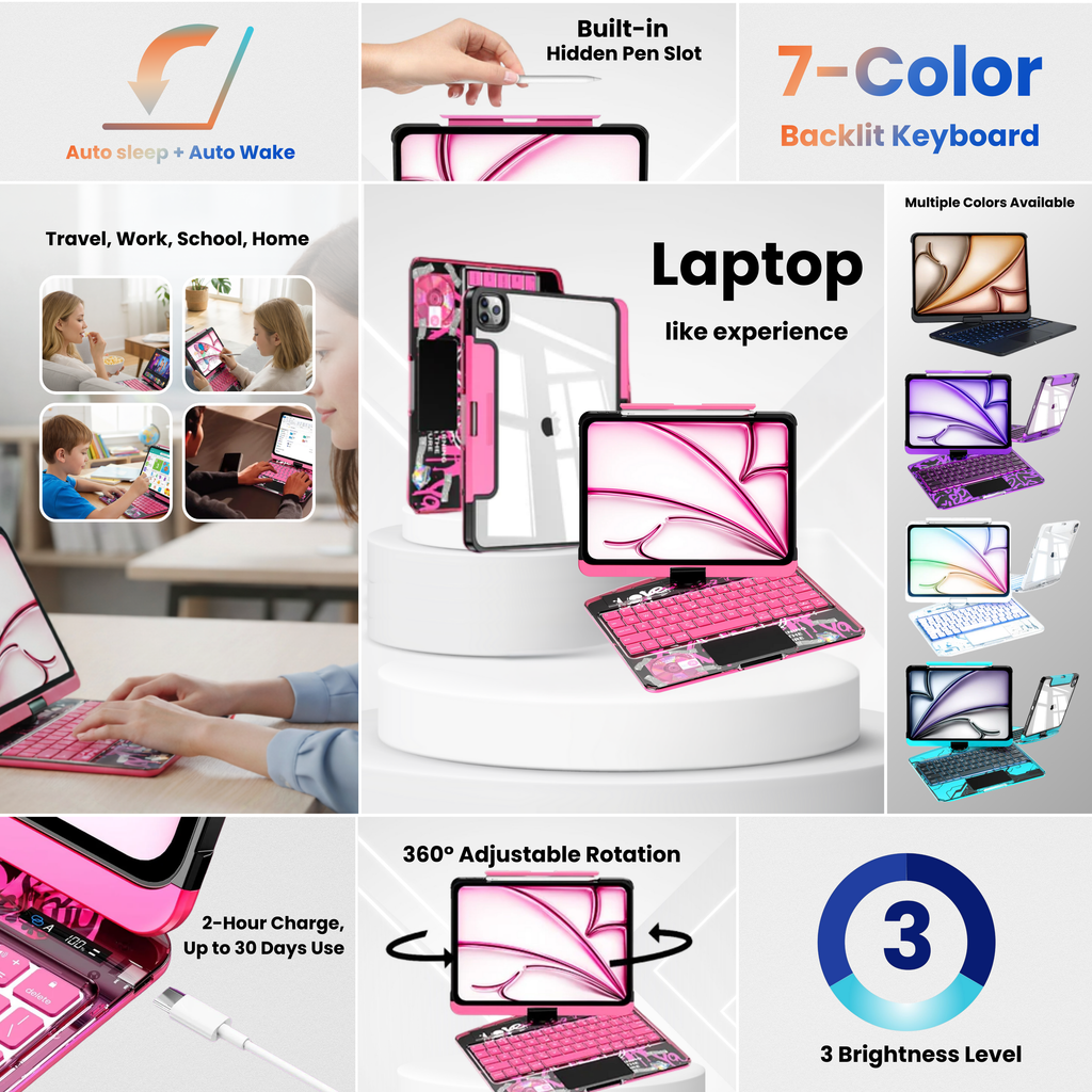 Y2K Pink Transparent 360 Degree Rotating iPad Keyboard Case