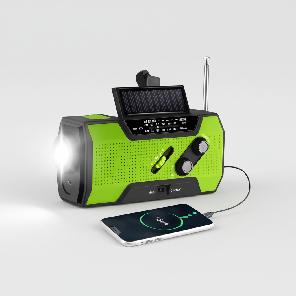 Přenosné nouzové meteorologické rádio — solární nabíjení, ruční klička a powerbanka