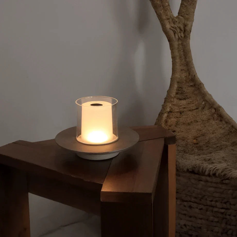 Rechargeable Glass and Steel Table Lamp With Touch and IR Dimmer, 16 Cm Diameter