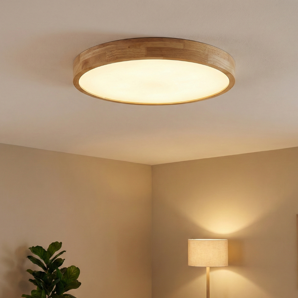 Nordic Solid Wood LED Flush Mount Ceiling Light With Adjustable Brightness And Color Temp