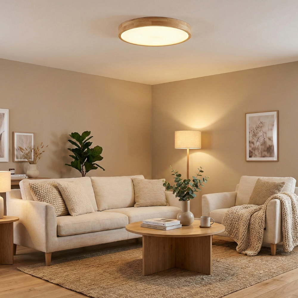 Nordic Solid Wood LED Flush Mount Ceiling Light With Adjustable Brightness And Color Temp