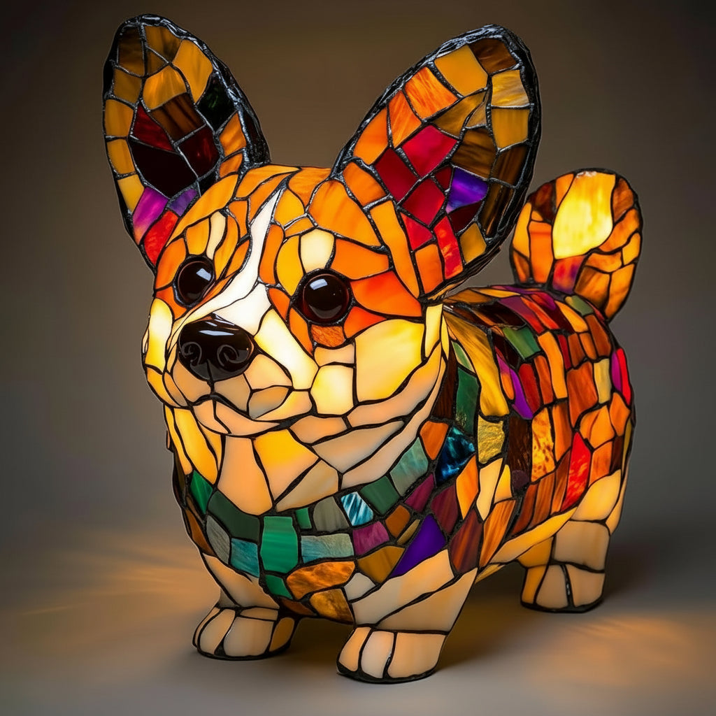 Lampka nocna LED w formie figurki psa z żywicznego szkła witrażowego, lampka stołowa