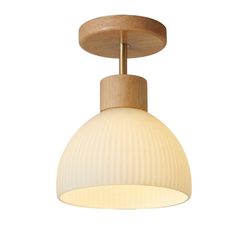 Lampa sufitowa LED Ailse z matowego szkła i naturalnego drewna — żelazna rama