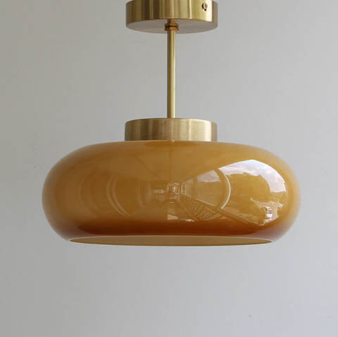 Vintage Brass Semi Flush Ceiling Light — Amber Glass Diffuser