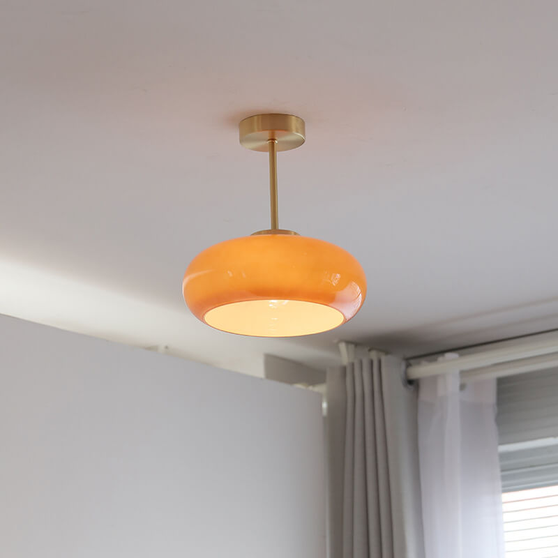 Vintage Brass Semi Flush Ceiling Light — Amber Glass Diffuser