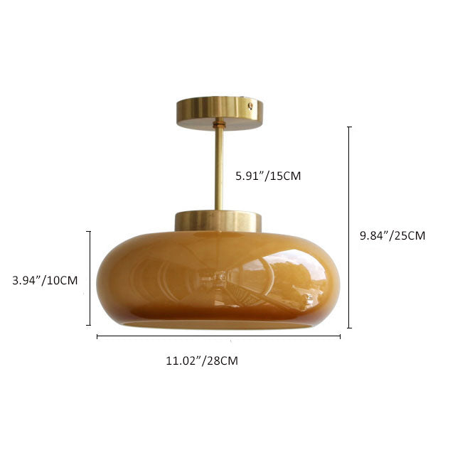 Vintage Brass Semi Flush Ceiling Light — Amber Glass Diffuser