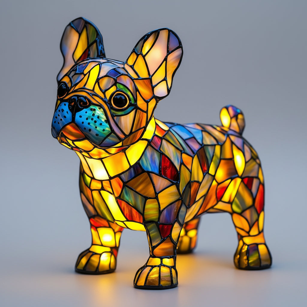 Lampka nocna LED w formie figurki psa z żywicznego szkła witrażowego, lampka stołowa