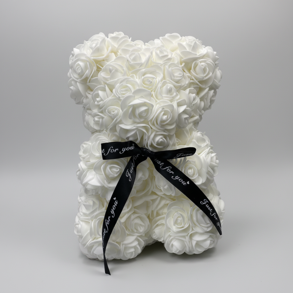 人造玫瑰花瓣泰迪熊毛绒摆件——高25cm，重140g