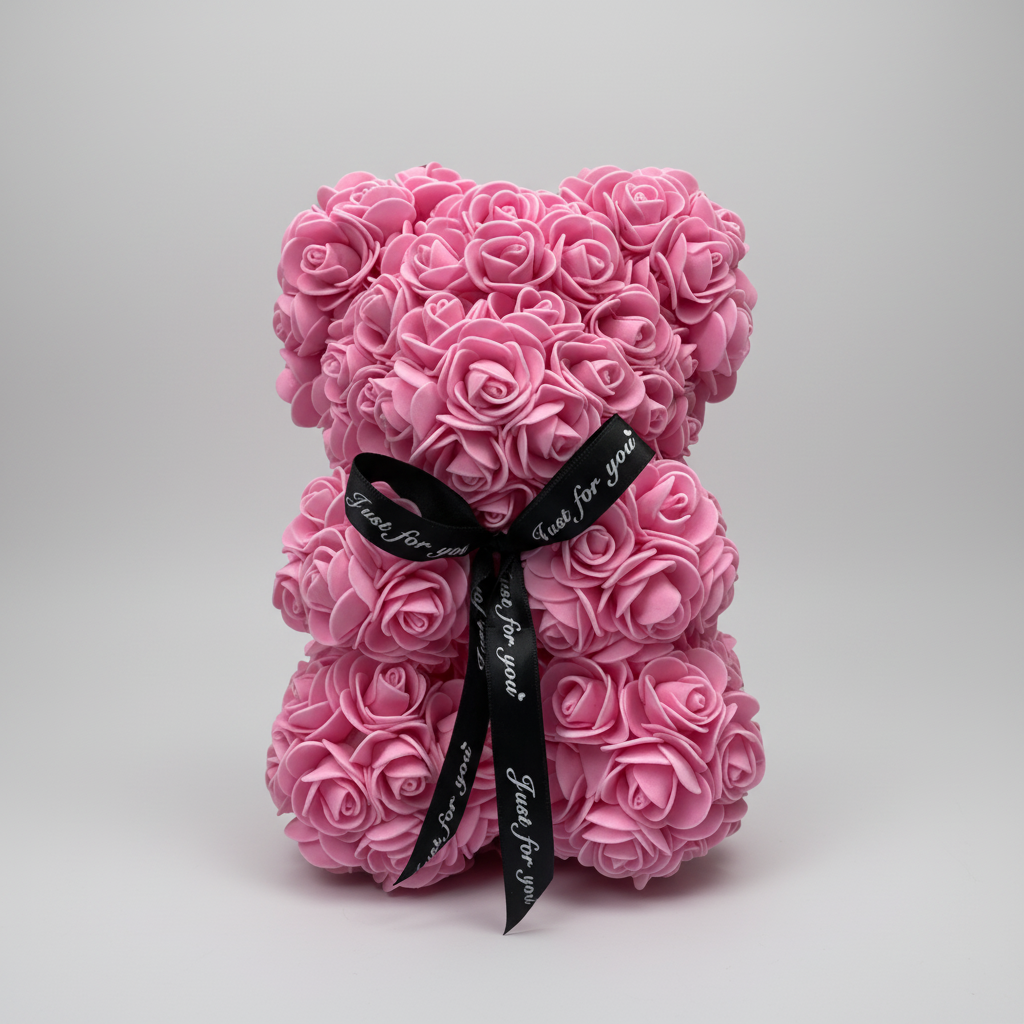 人造玫瑰花瓣泰迪熊毛绒摆件——高25cm，重140g