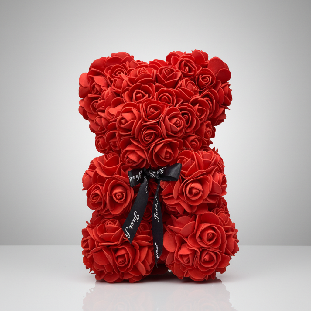 人造玫瑰花瓣泰迪熊毛绒摆件——高25cm，重140g
