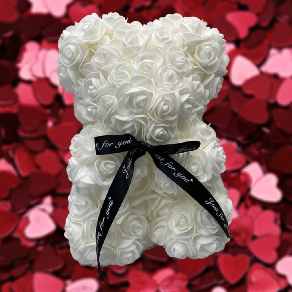 人造玫瑰花瓣泰迪熊毛绒摆件——高25cm，重140g