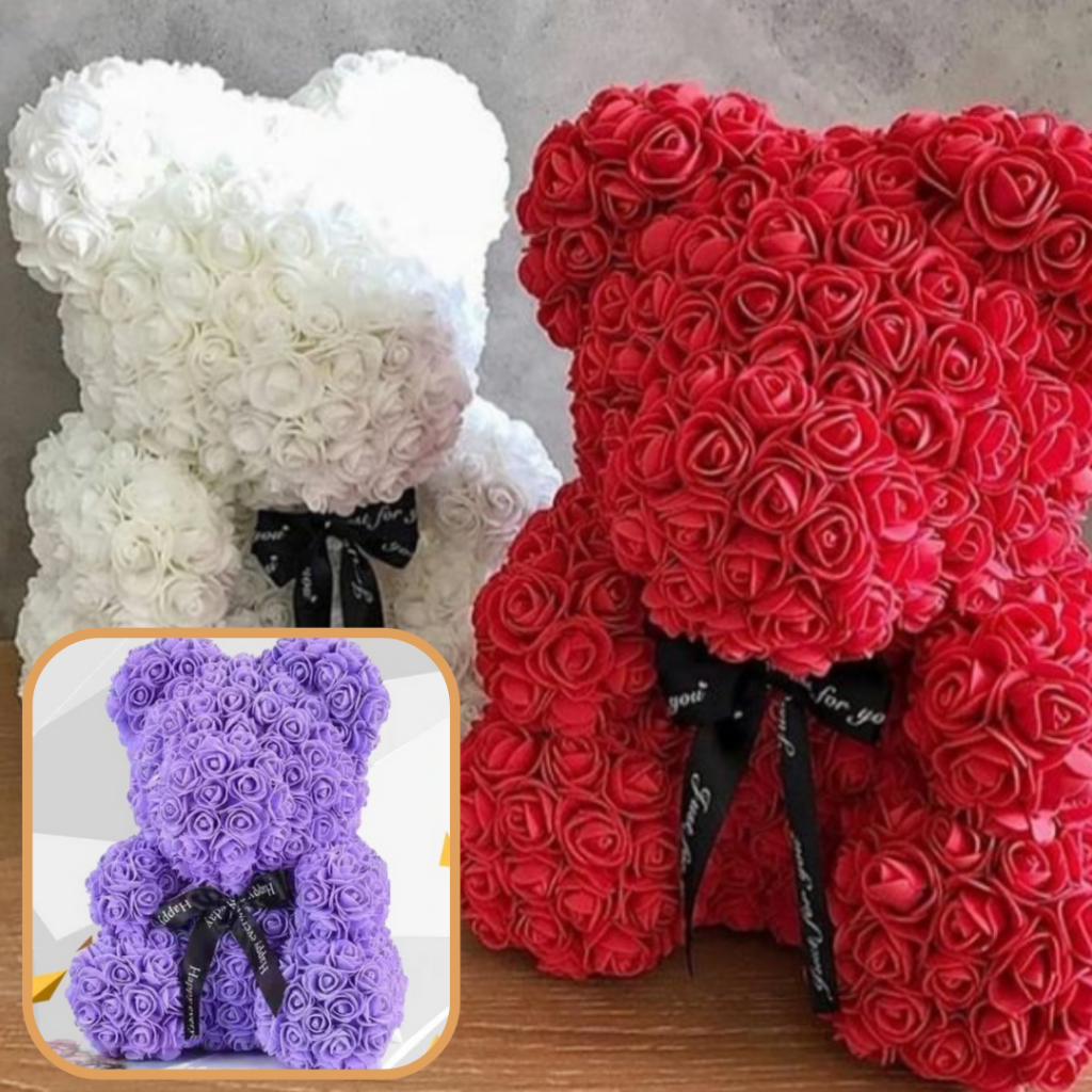 人造玫瑰花瓣泰迪熊毛绒摆件——高25cm，重140g