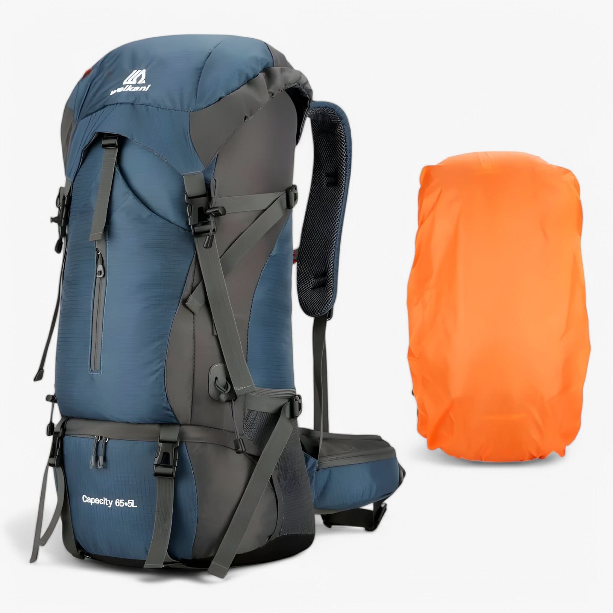 70L Vandrerygsæk - Nylon - Regnslag inkluderet - Skoafdeling - Marineblå, Orange & Sort | meowbutter