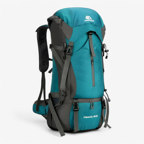 70L Hiking Rucksack - Nylon - Raincover Included - Shoe Compartment - Marine Blue, Orange & Black | meowbutter