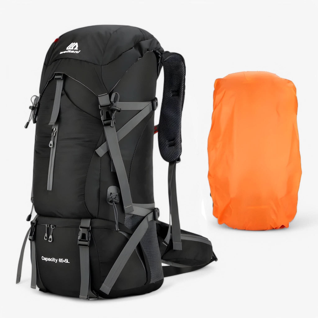 70L Vandrerygsæk - Nylon - Regnslag inkluderet - Skoafdeling - Marineblå, Orange & Sort | meowbutter