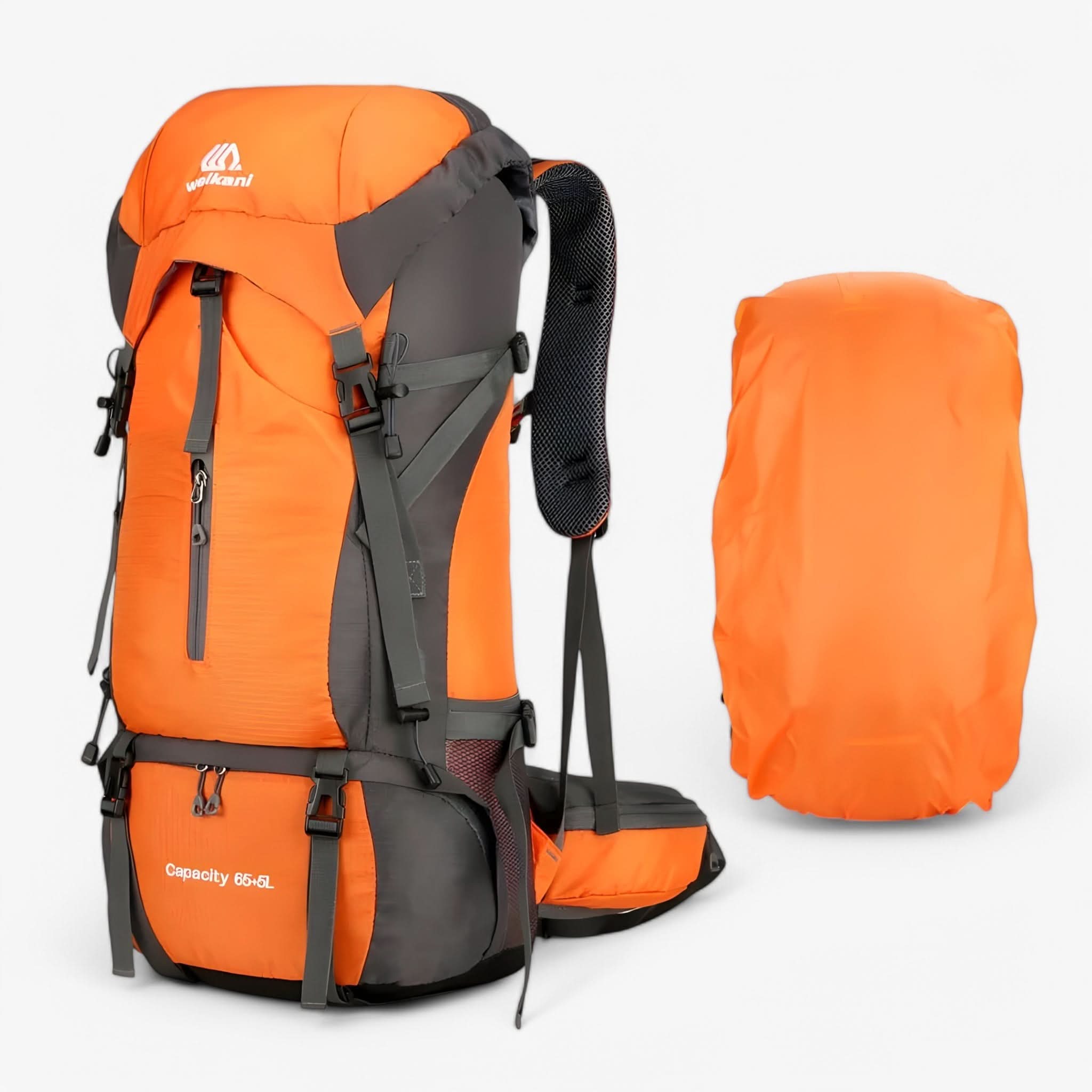 70L Vandrerygsæk - Nylon - Regnslag inkluderet - Skoafdeling - Marineblå, Orange & Sort | meowbutter