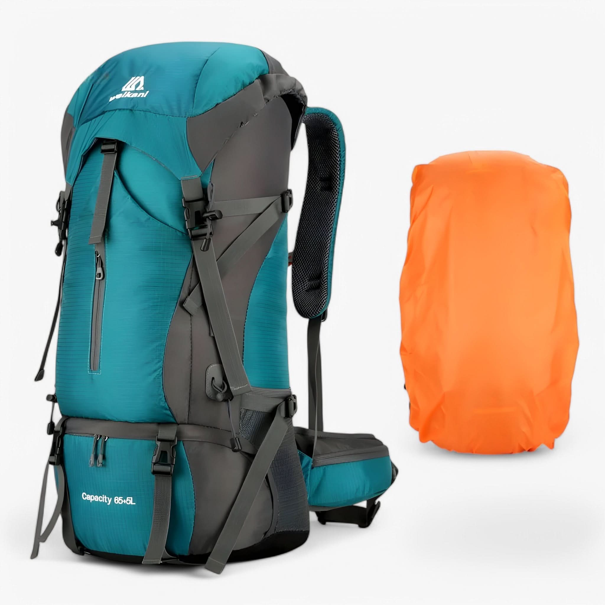 70L Vandrerygsæk - Nylon - Regnslag inkluderet - Skoafdeling - Marineblå, Orange & Sort | meowbutter