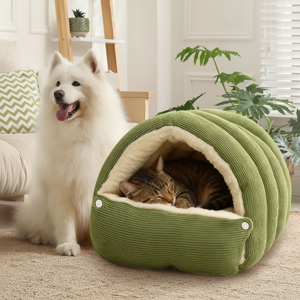 Plush Cat Cave Bed — Three-Sided Den Enclosure with Dense Pile Interior