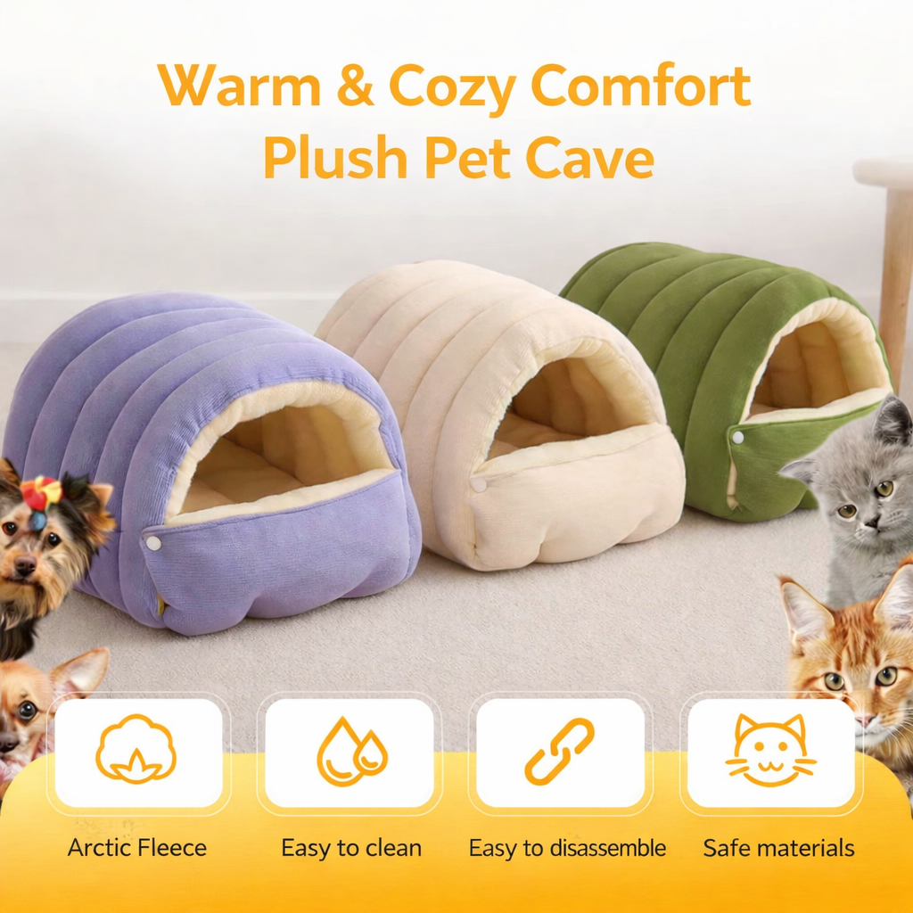Plush Cat Cave Bed — Three-Sided Den Enclosure with Dense Pile Interior