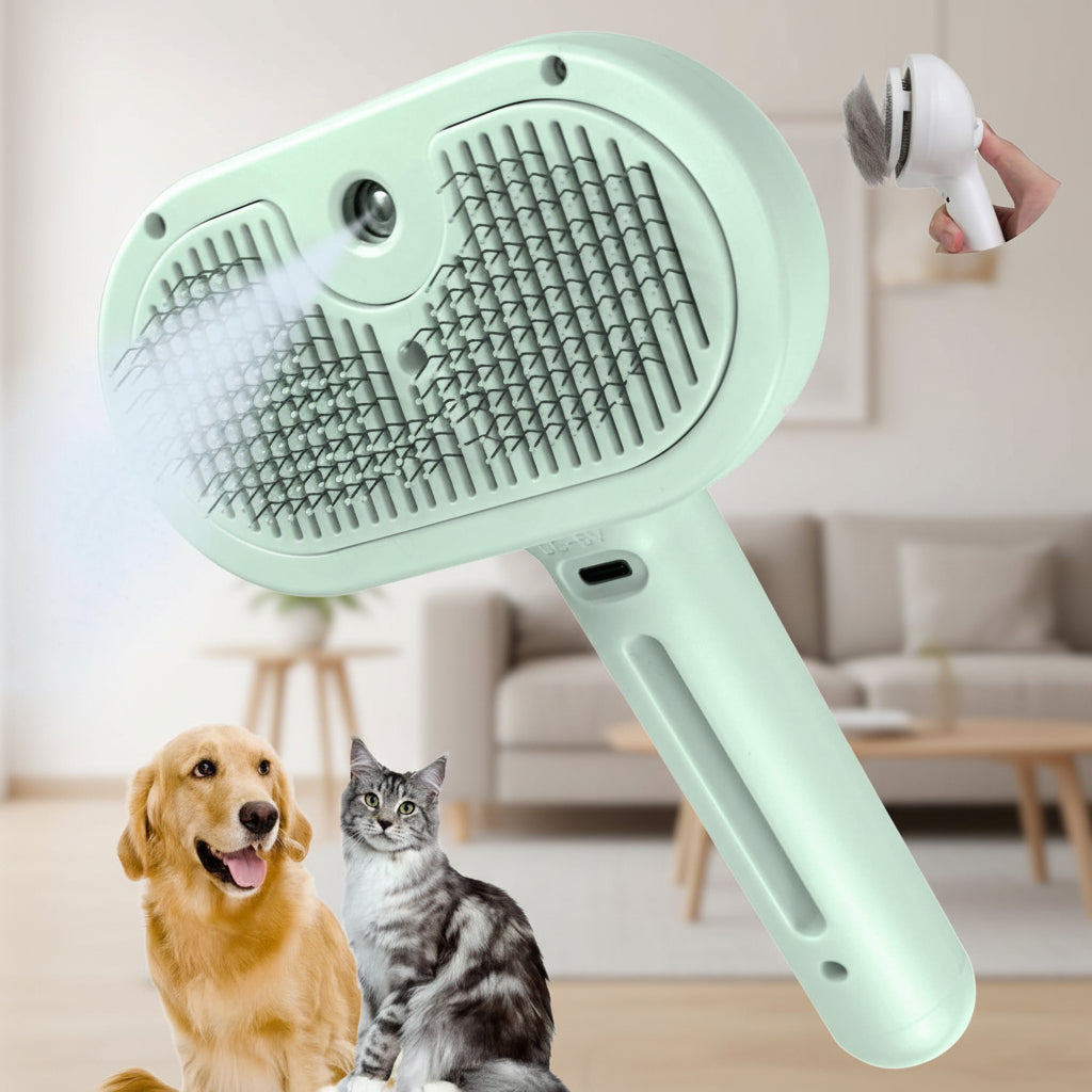 Self-Cleaning Grooming Brush — Silicone Massage Bristles, Integrated Mist Sprayer, One-Touch Fur Extraction