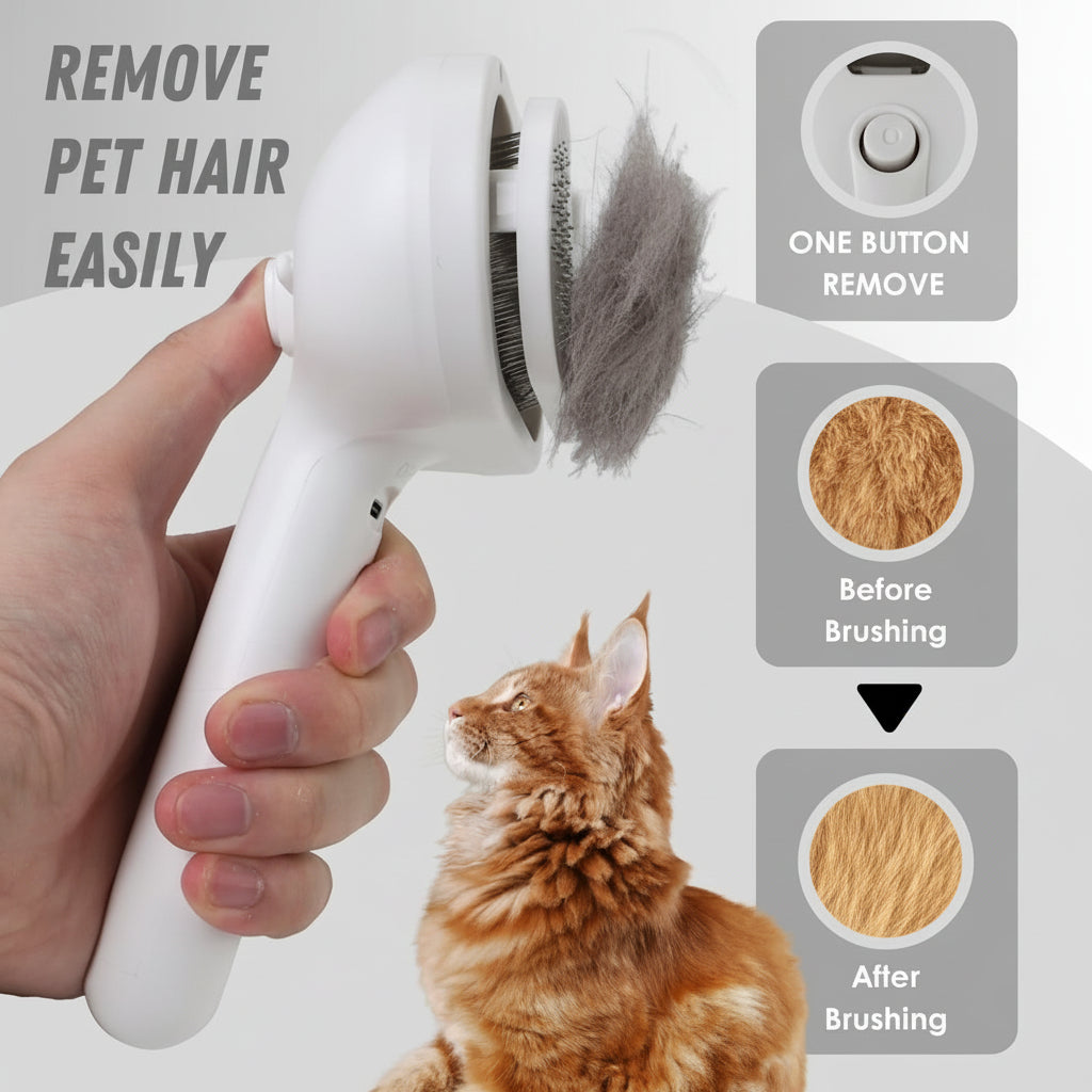 Self-Cleaning Grooming Brush — Silicone Massage Bristles, Integrated Mist Sprayer, One-Touch Fur Extraction