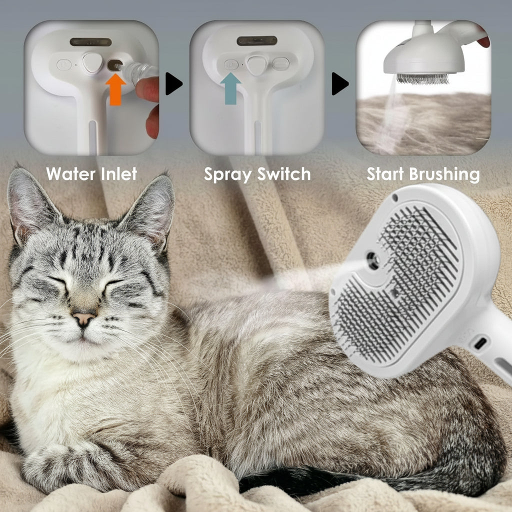 Self-Cleaning Grooming Brush — Silicone Massage Bristles, Integrated Mist Sprayer, One-Touch Fur Extraction