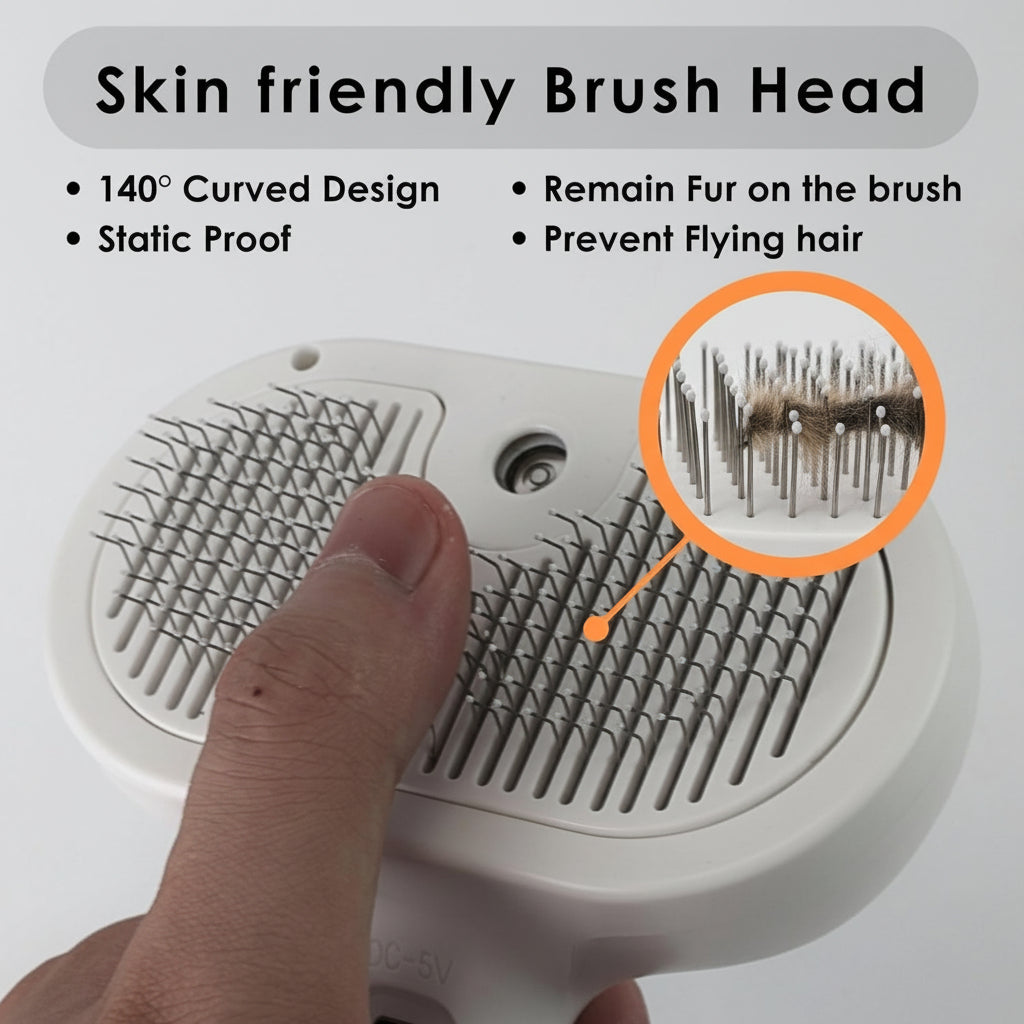 Self-Cleaning Grooming Brush — Silicone Massage Bristles, Integrated Mist Sprayer, One-Touch Fur Extraction