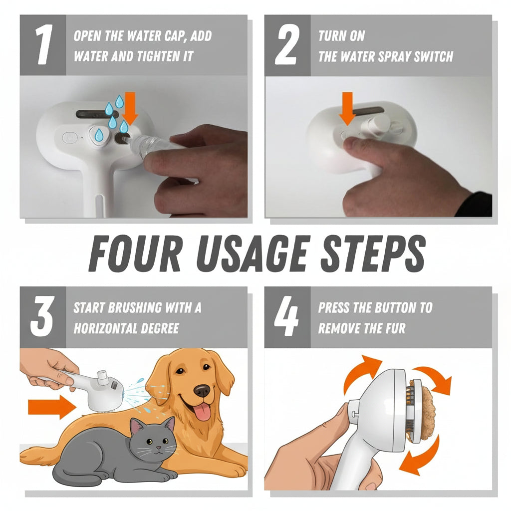 Self-Cleaning Grooming Brush — Silicone Massage Bristles, Integrated Mist Sprayer, One-Touch Fur Extraction