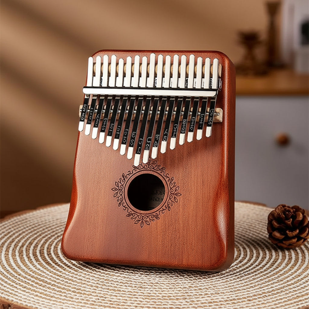 17klávesová mahagonová kalimba — leštěné ocelové lamely, pevný rám