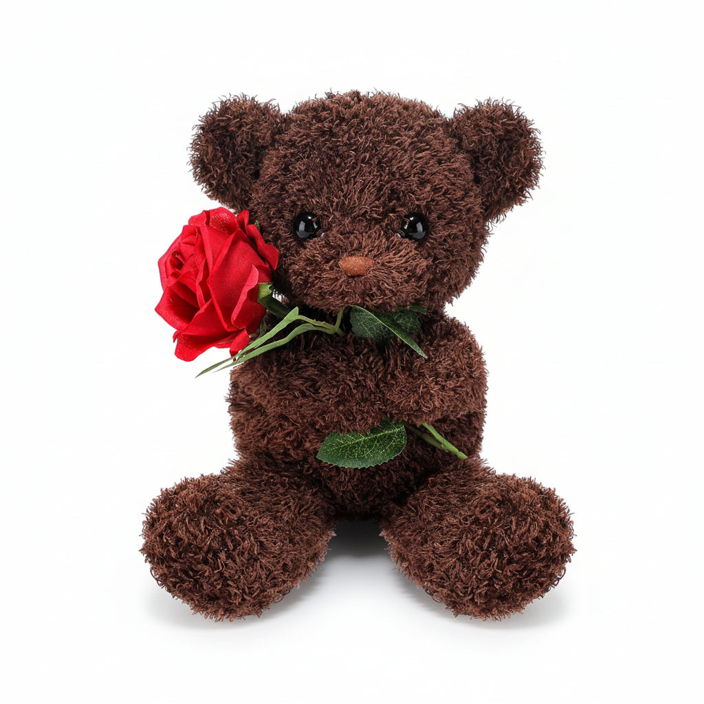 Oso de peluche de San Valentín sosteniendo una rosa — Piel sintética sedosa