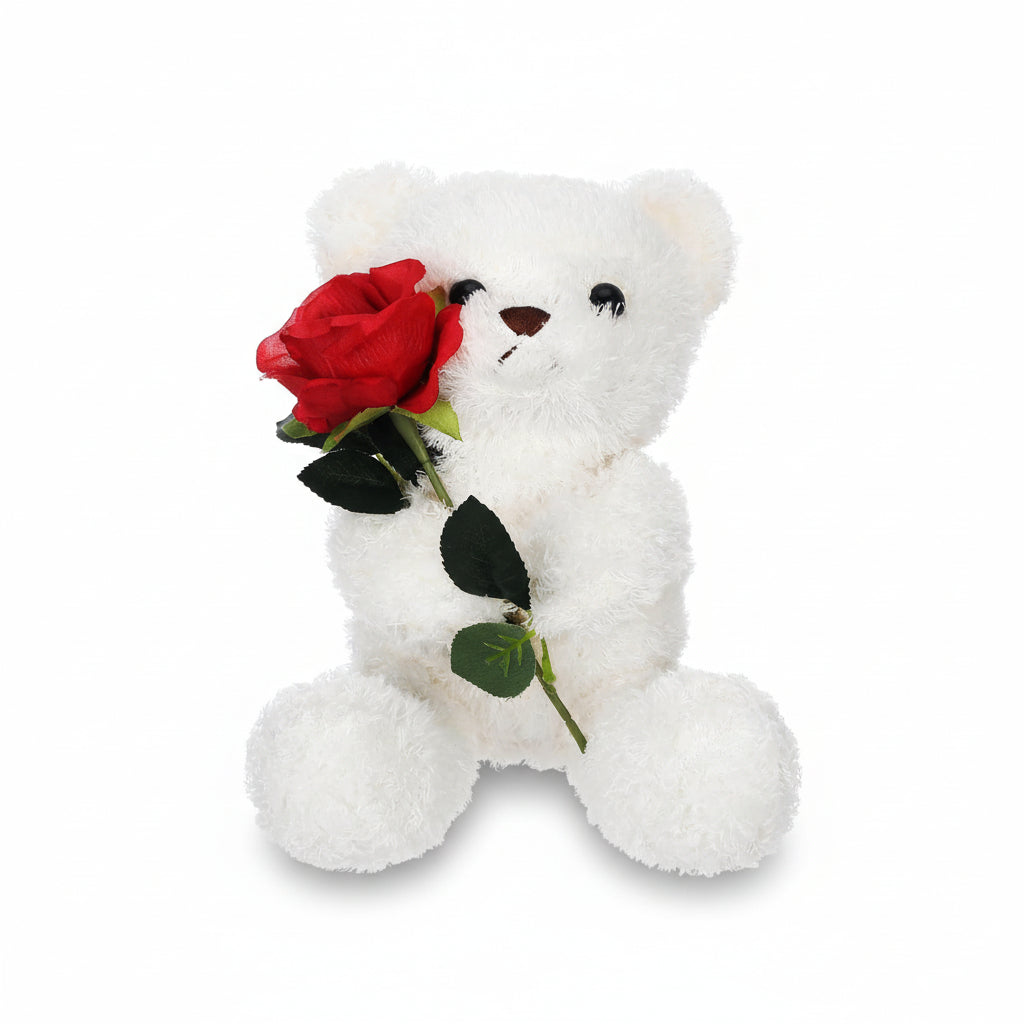 Oso de peluche de San Valentín sosteniendo una rosa — Piel sintética sedosa