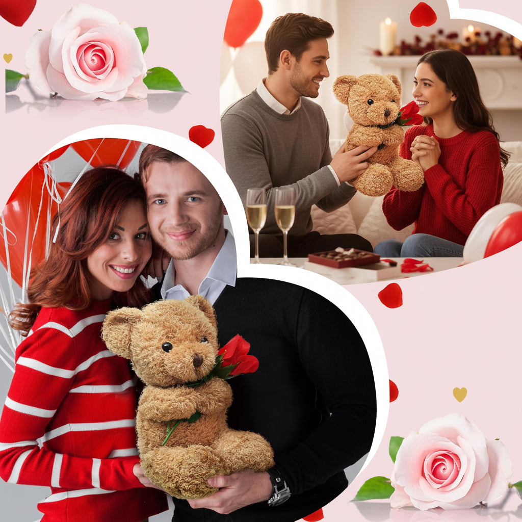 Oso de peluche de San Valentín sosteniendo una rosa — Piel sintética sedosa