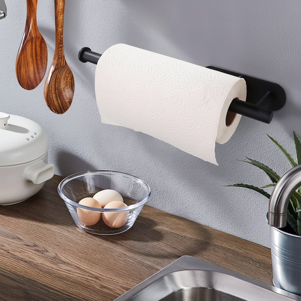 Porta rotolo di carta da cucina da sotto il mobile in acciaio inox nero | Meowbutter