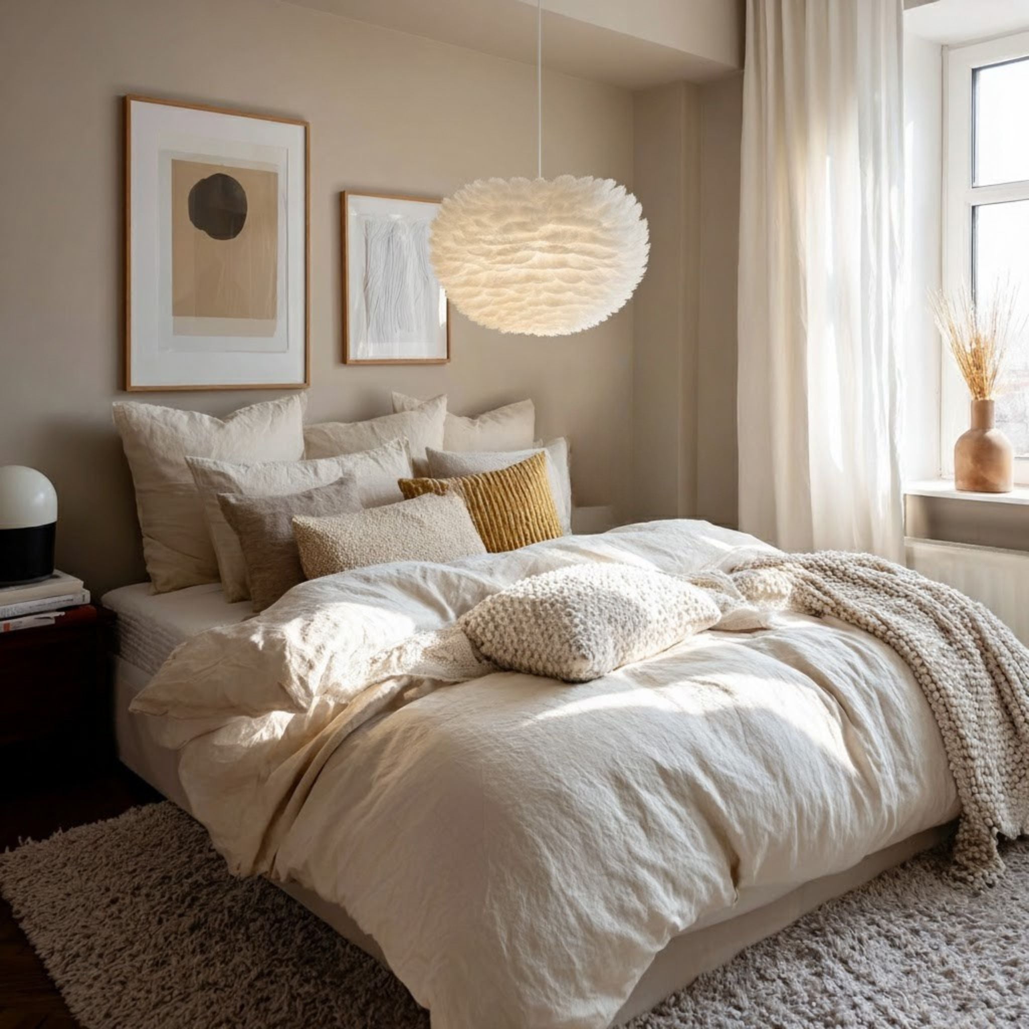Goose Feather Pendant Lamp With Spherical Form And Soft Diffusion