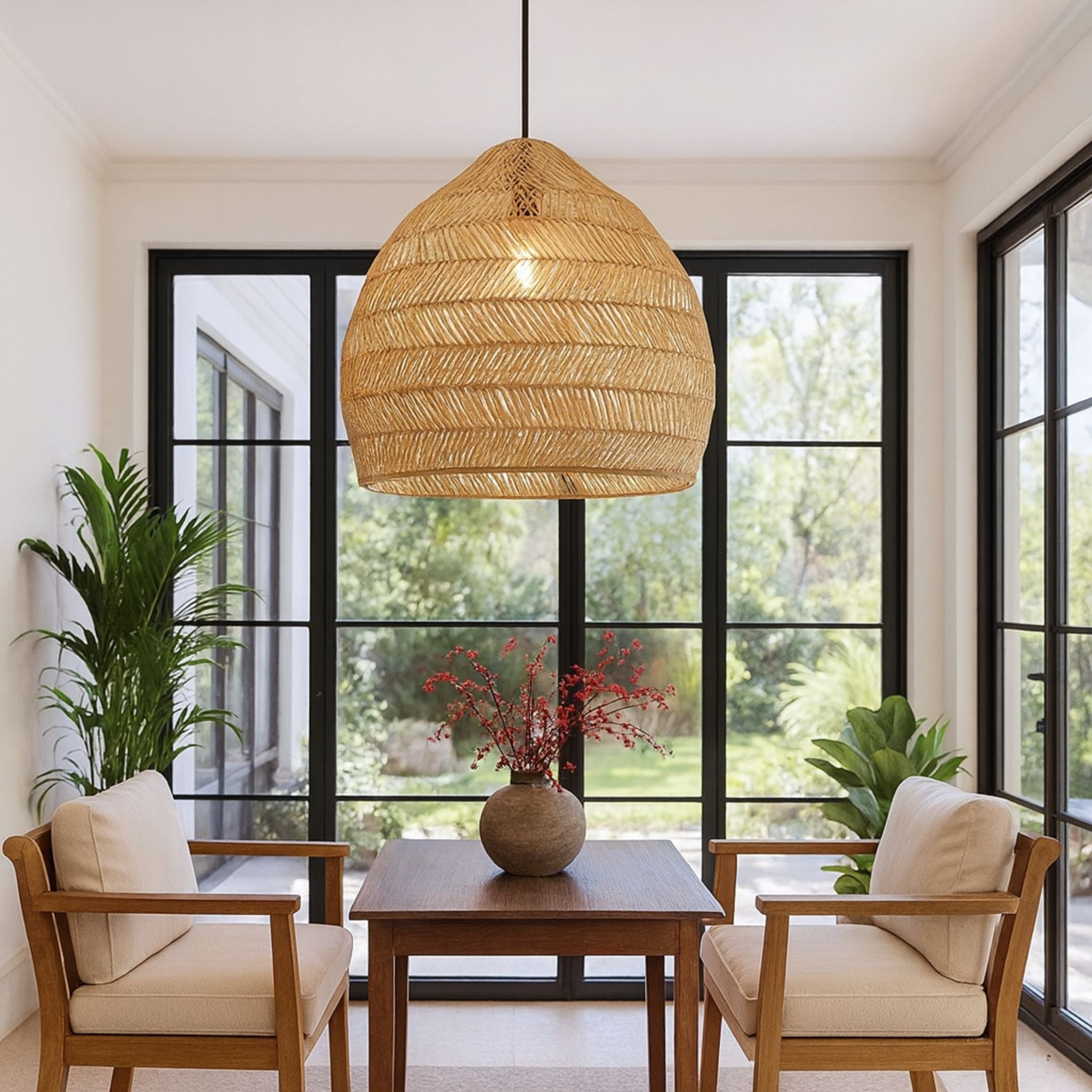 Handwoven Rattan Dome Pendant Lamp Natural Indoor Light