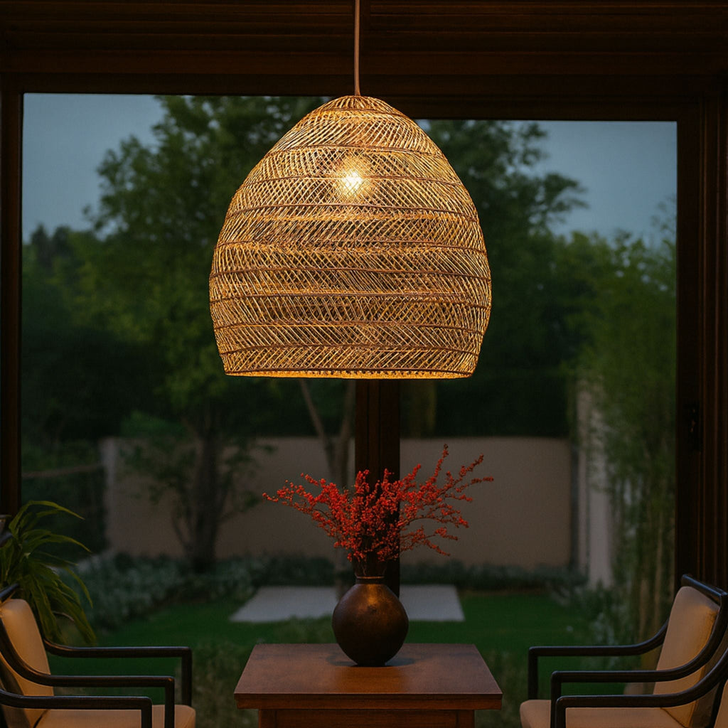 Handwoven Rattan Dome Pendant Lamp Natural Indoor Light