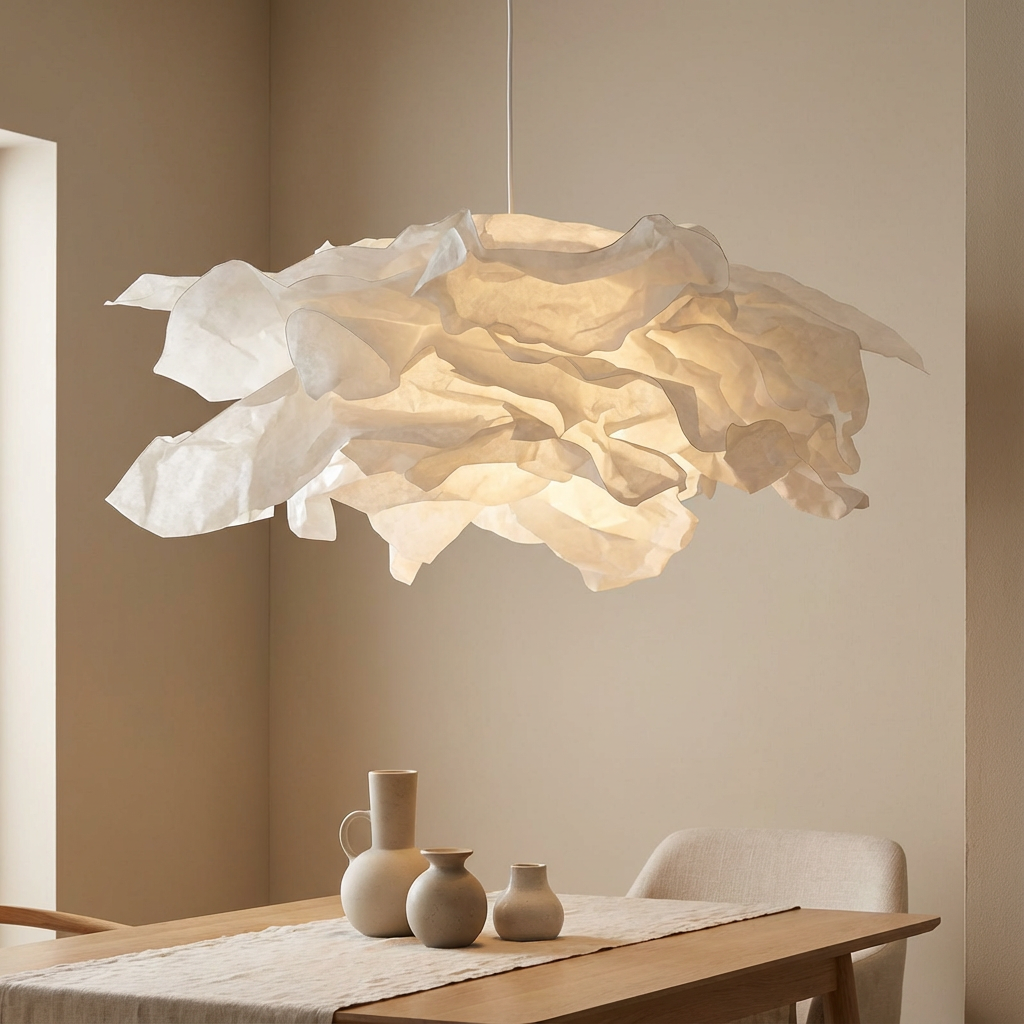 Organic Cloud-Shape Pendant Light In Japanese Paper Shade, Sculptural Ceiling Light