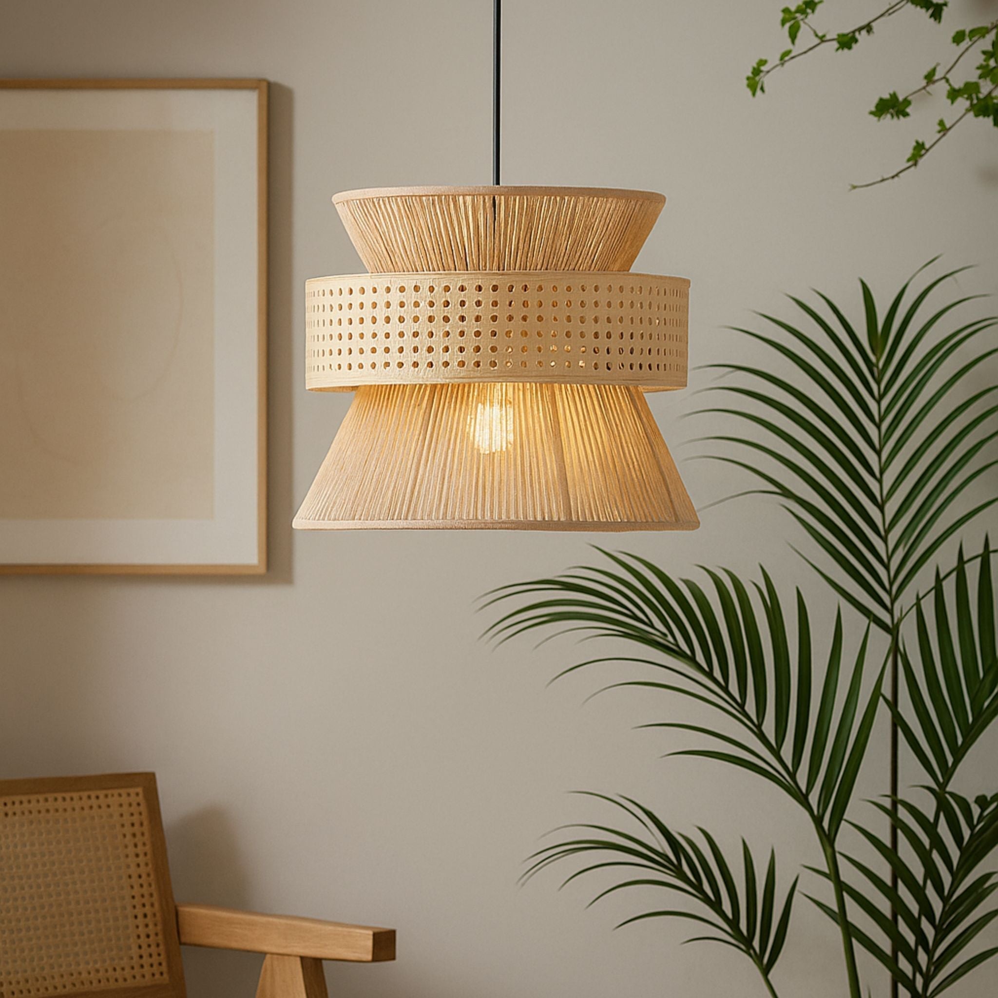 Three-Part Rattan Pendant Lamp With Hemp Rope, Natural Material