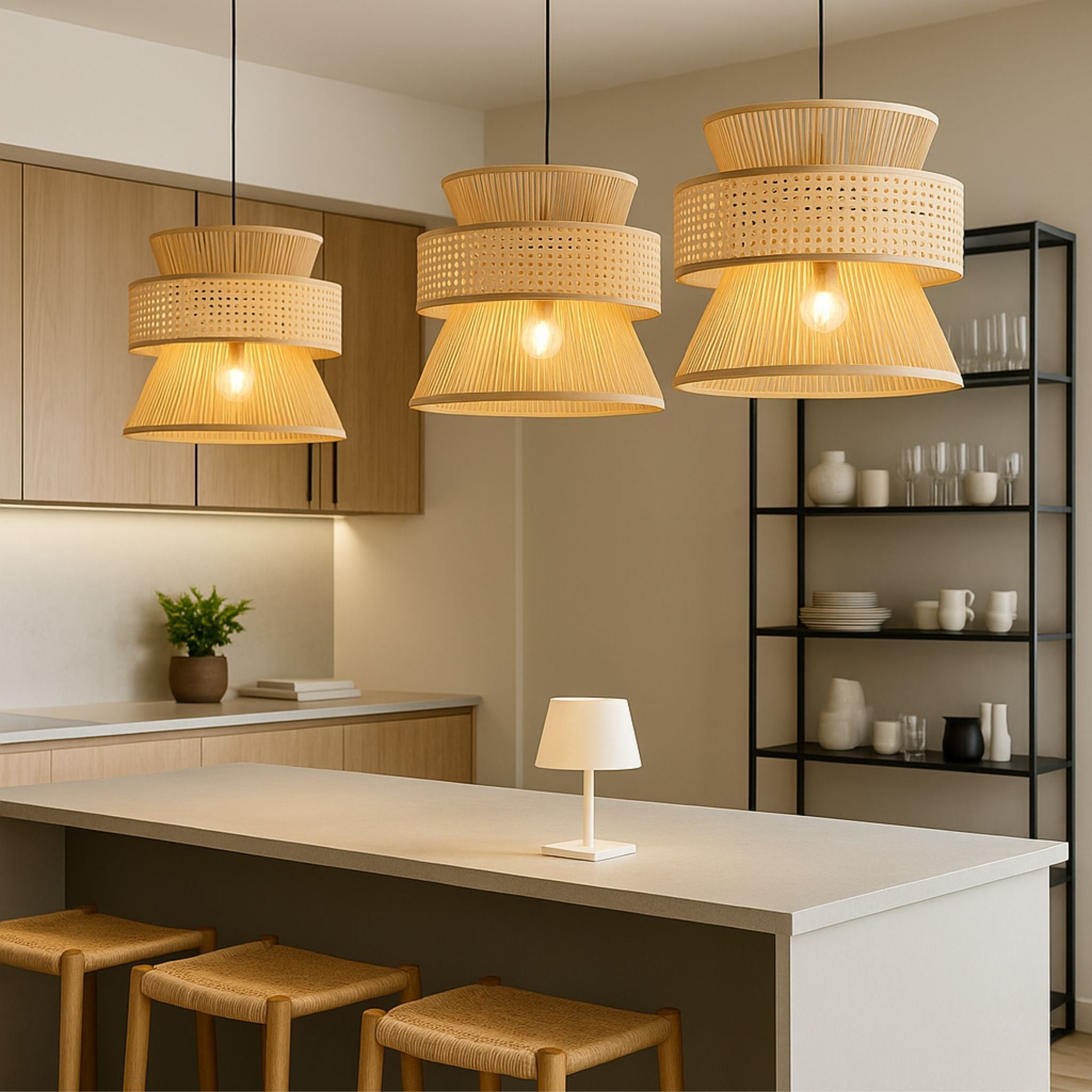 Three-Part Rattan Pendant Lamp With Hemp Rope, Natural Material