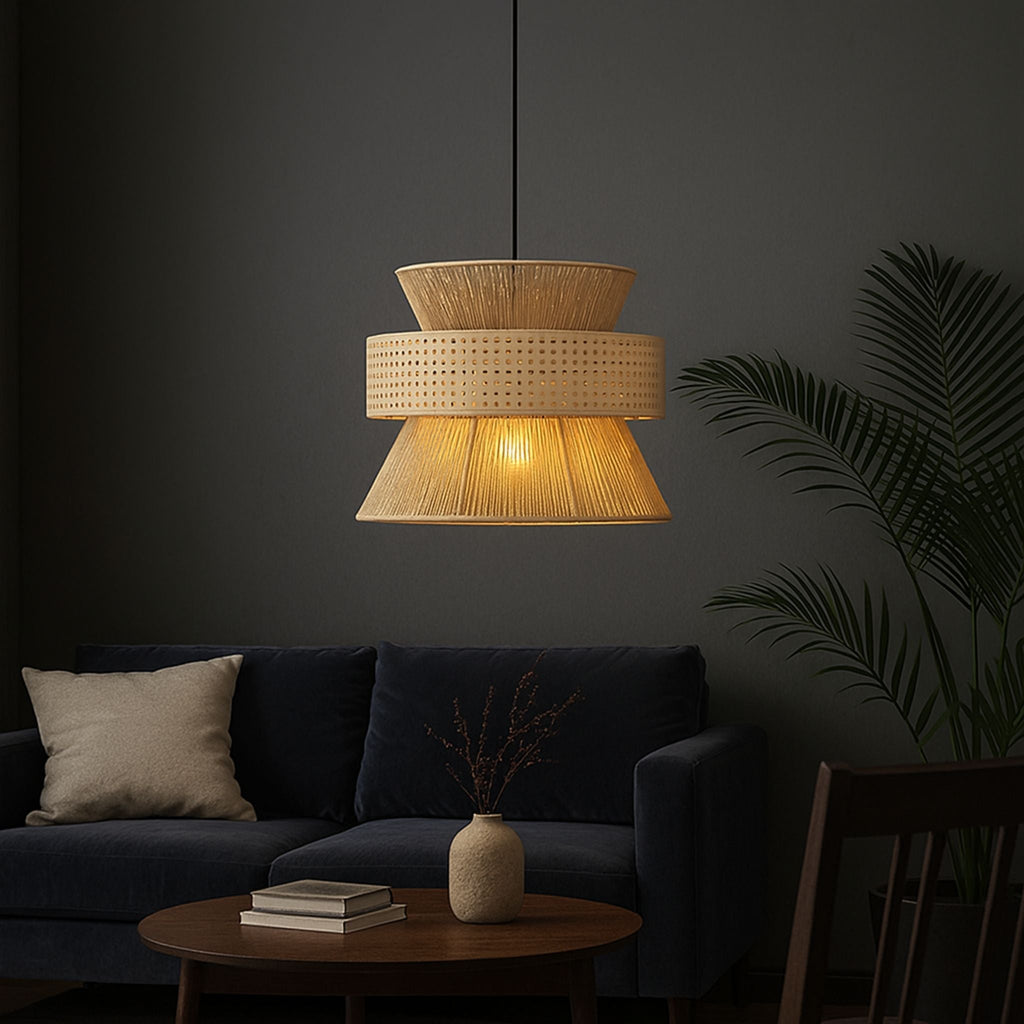Three-Part Rattan Pendant Lamp With Hemp Rope, Natural Material