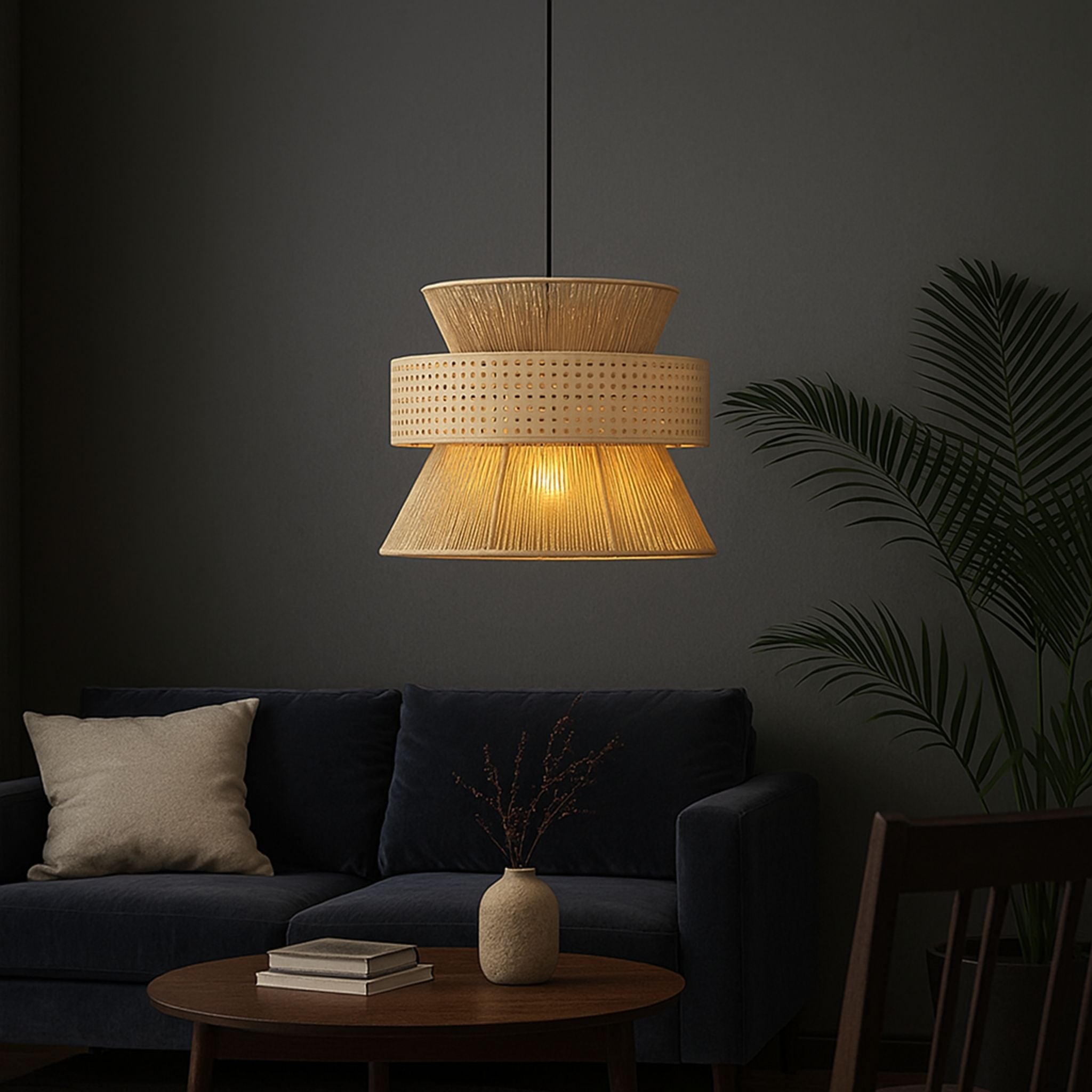 Three-Part Rattan Pendant Lamp With Hemp Rope, Natural Material