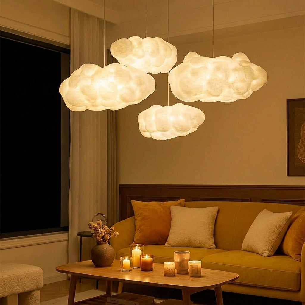 Cloud-Shaped Pendant Light In Synthetic Cotton With Warm LED Glow