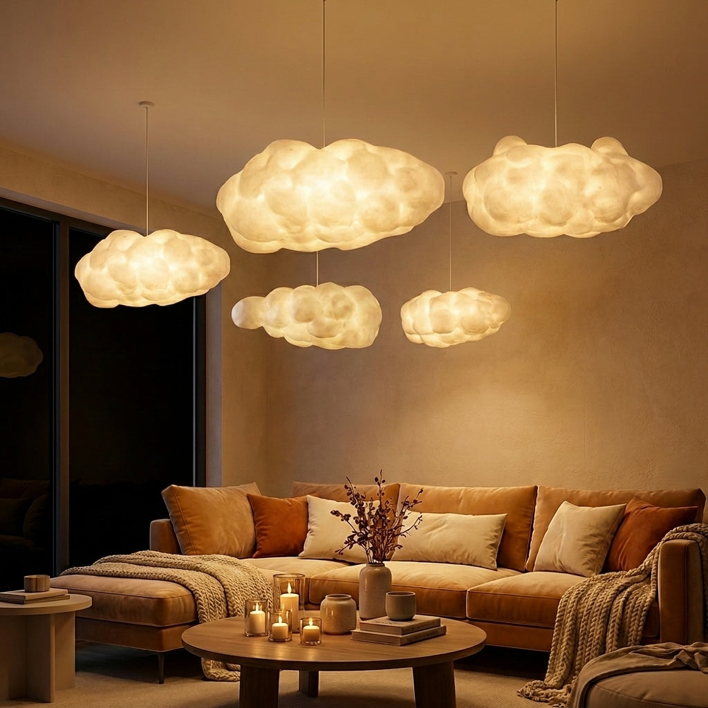 Cloud-Shaped Pendant Light In Synthetic Cotton With Warm LED Glow
