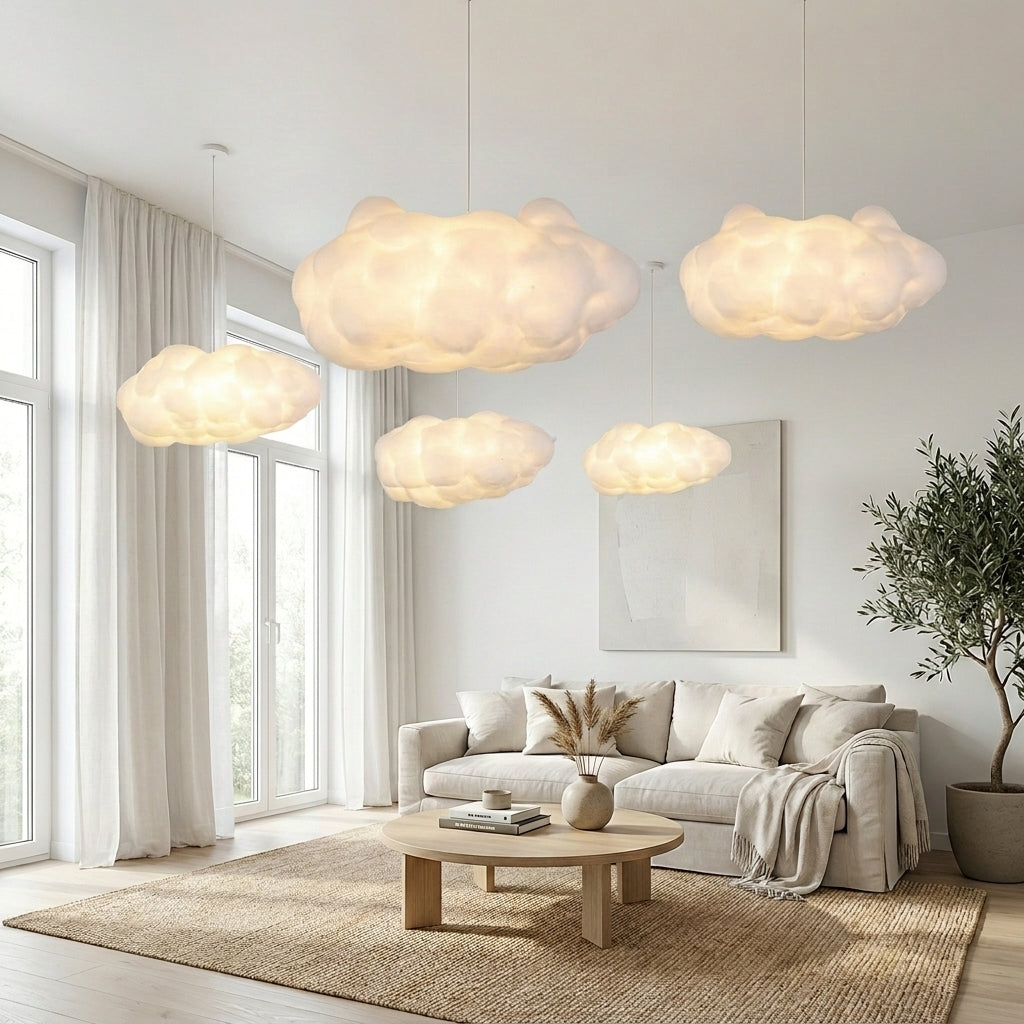 Cloud-Shaped Pendant Light In Synthetic Cotton With Warm LED Glow